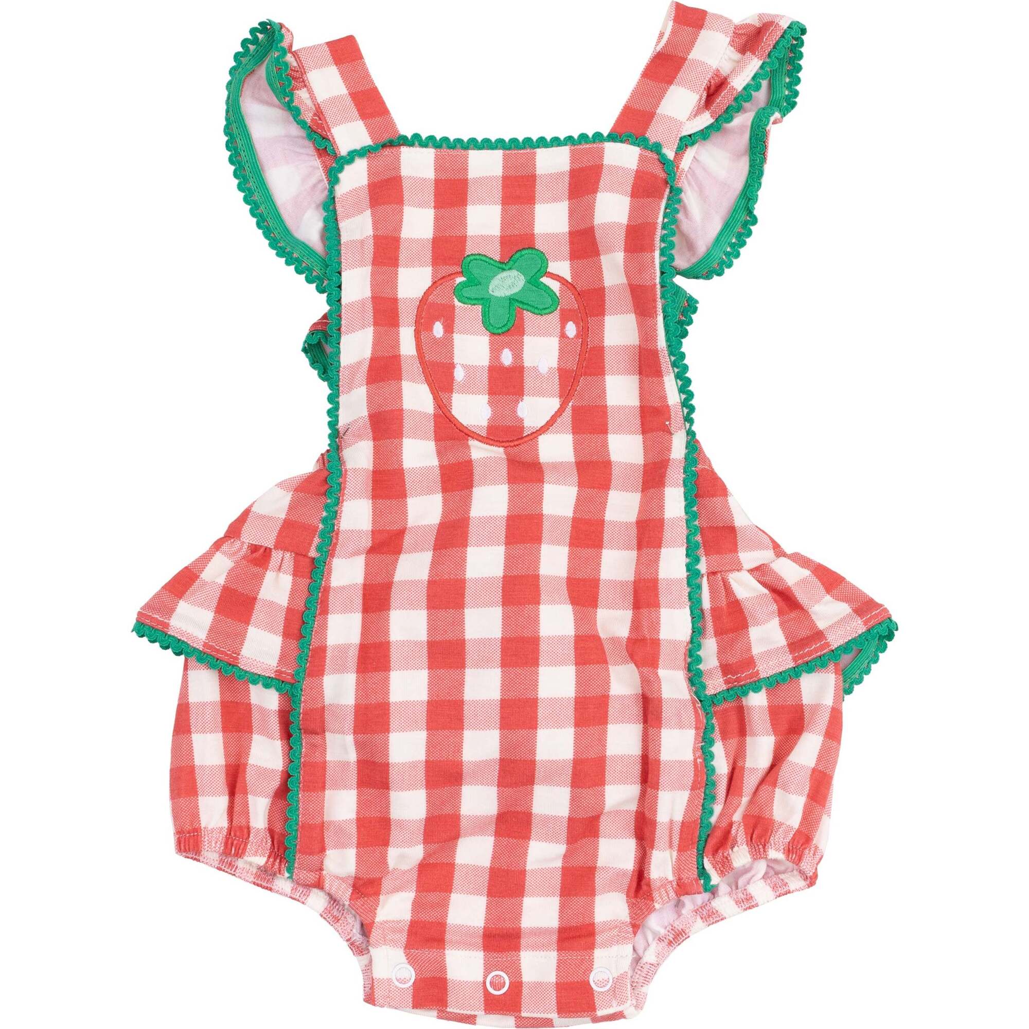 Ric-Rac Ruffle Sunsuit, Strawberry Gingham - Rompers - 1