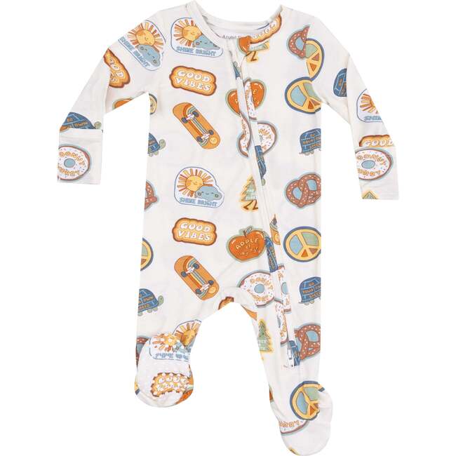 2 Way Zipper Footie, Groovy Vibes Stickers  Tan