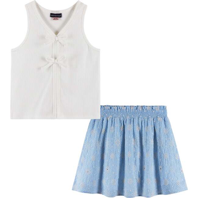 Kids White Rib Knit Tank Set, Bows & Blue