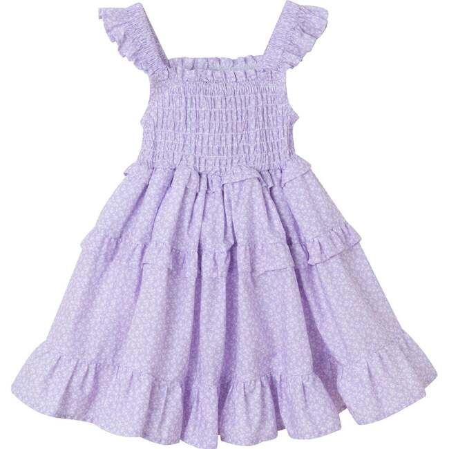 Kids White Ditsy Floral Purple Ruffle Tiered Dress, White