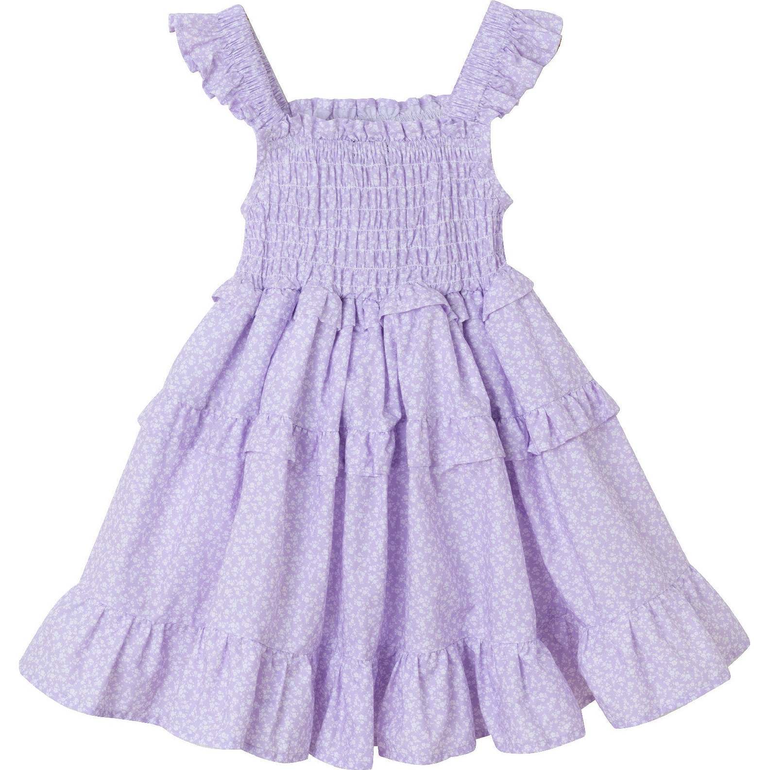 Kids White Ditsy Floral Purple Ruffle Tiered Dress, White - Dresses - 1
