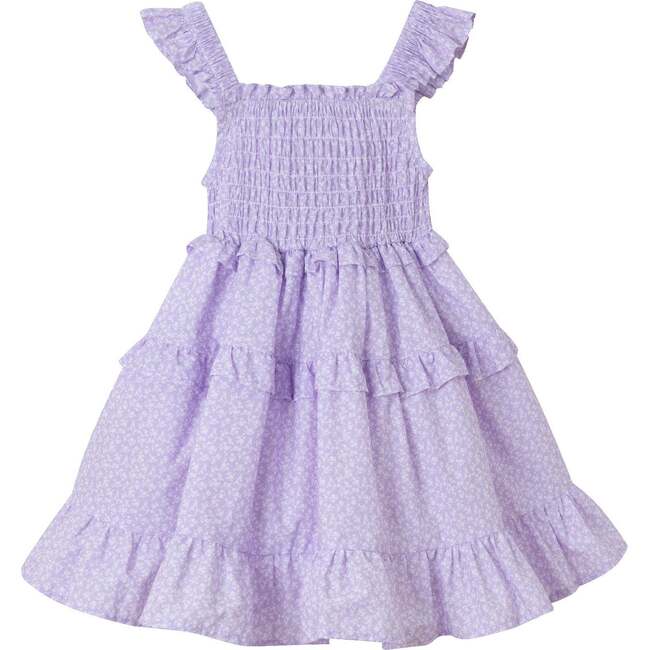 Kids White Ditsy Floral Purple Ruffle Tiered Dress, White - Dresses - 4