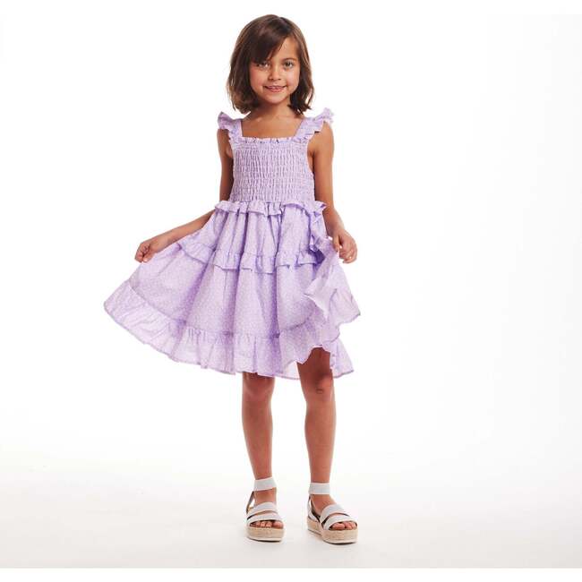 Kids White Ditsy Floral Purple Ruffle Tiered Dress, White - Dresses - 5