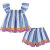 Kids Top & Short Set w/ Ric Rac Trim, Blue & White Striped - Mixed Apparel Set - 1 - thumbnail
