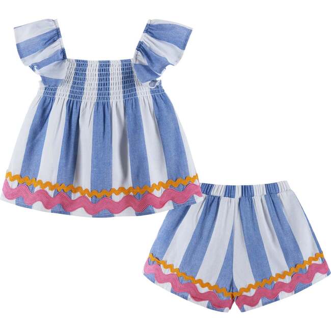 Kids Top & Short Set w/ Ric Rac Trim, Blue & White Striped - Mixed Apparel Set - 2