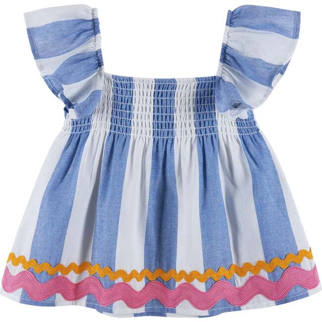 Kids Top & Short Set w/ Ric Rac Trim, Blue & White Striped - Mixed Apparel Set - 3
