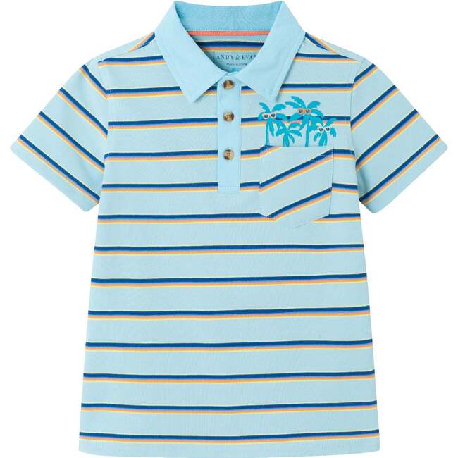 Kids Striped w/ Palm Pocket Polo, Light Blue