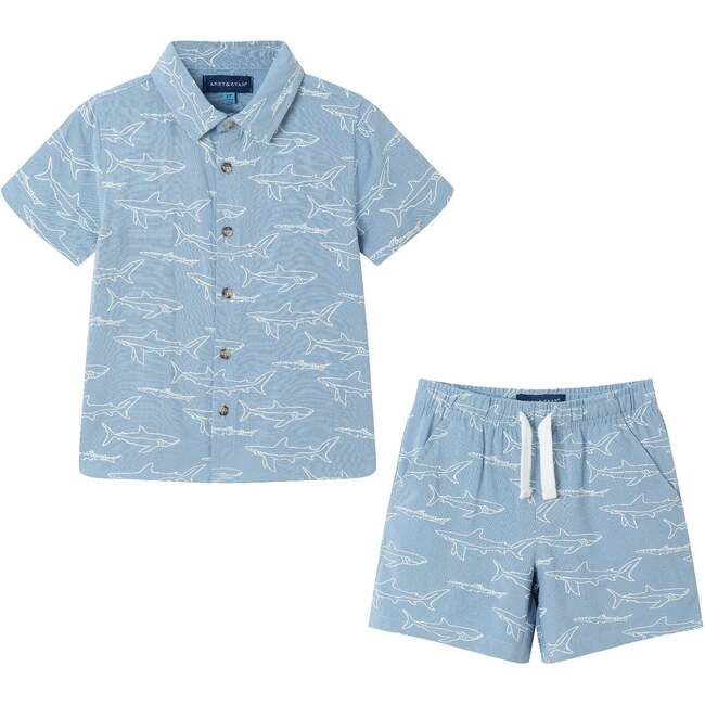 Kids Shark Print Buttondown Set, Blue