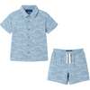 Kids Shark Print Buttondown Set, Blue - Mixed Apparel Set - 1 - thumbnail