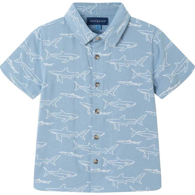 Kids Shark Print Buttondown Set, Blue - Mixed Apparel Set - 3