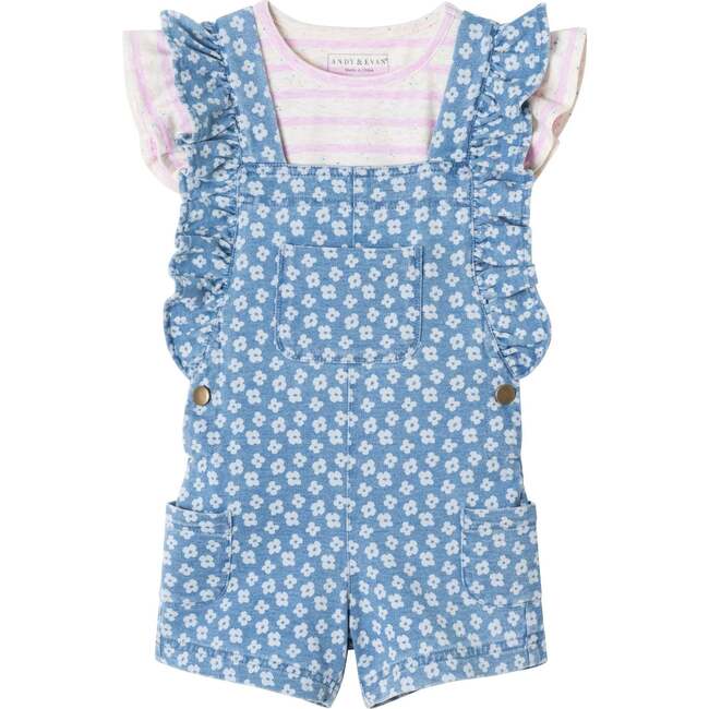 Kids Pink/Oatmeal Striped Tee w/  Neps & Floral Printed Knit Denim Romper, Pink - Mixed Apparel Set - 1