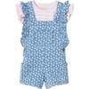 Kids Pink/Oatmeal Striped Tee w/  Neps & Floral Printed Knit Denim Romper, Pink - Mixed Apparel Set - 1 - thumbnail