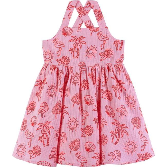 Kids Pink Tropical Icon Printed Gauze Dress, Pink