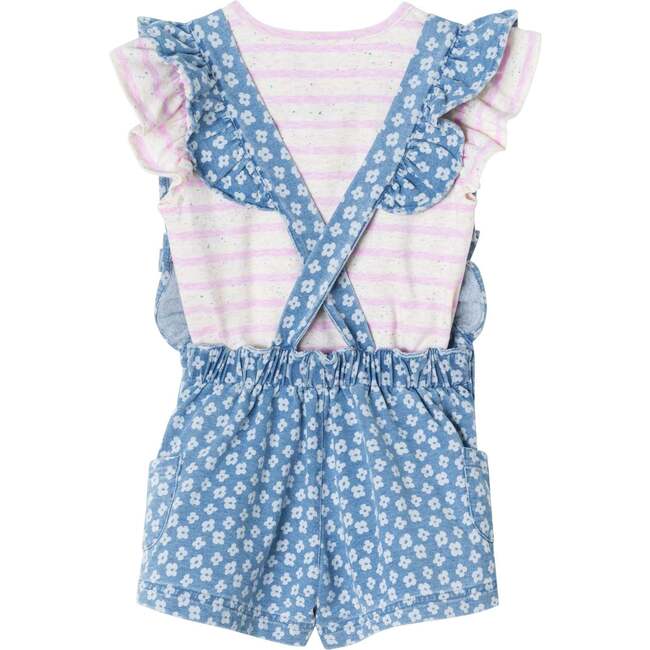 Kids Pink/Oatmeal Striped Tee w/  Neps & Floral Printed Knit Denim Romper, Pink - Mixed Apparel Set - 2