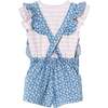 Kids Pink/Oatmeal Striped Tee w/  Neps & Floral Printed Knit Denim Romper, Pink - Mixed Apparel Set - 2