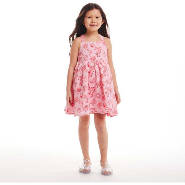 Kids Pink Tropical Icon Printed Gauze Dress, Pink - Dresses - 2