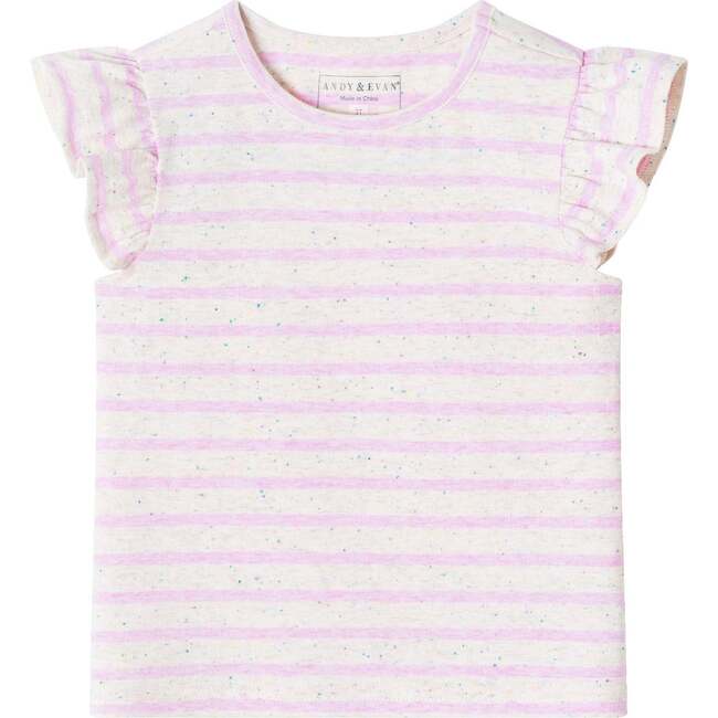 Kids Pink/Oatmeal Striped Tee w/  Neps & Floral Printed Knit Denim Romper, Pink - Mixed Apparel Set - 3