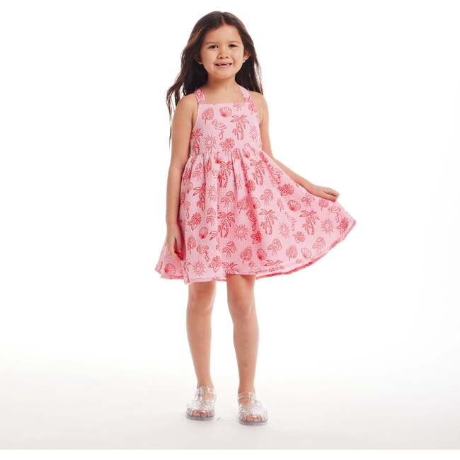 Kids Pink Tropical Icon Printed Gauze Dress, Pink - Dresses - 3
