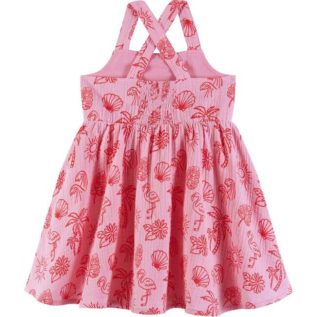 Kids Pink Tropical Icon Printed Gauze Dress, Pink - Dresses - 4
