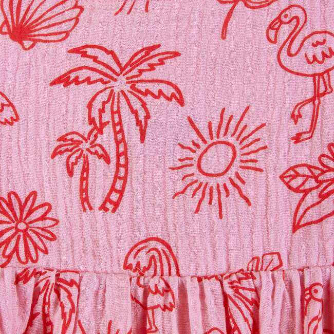 Kids Pink Tropical Icon Printed Gauze Dress, Pink - Dresses - 5