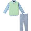 Kids Light Green Sweater Vest Plaid Buttondown Shirt, Bowtie & Chambray Pant Set, Lt Green - Mixed Apparel Set - 1 - thumbnail