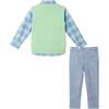 Kids Light Green Sweater Vest Plaid Buttondown Shirt, Bowtie & Chambray Pant Set, Lt Green - Mixed Apparel Set - 2