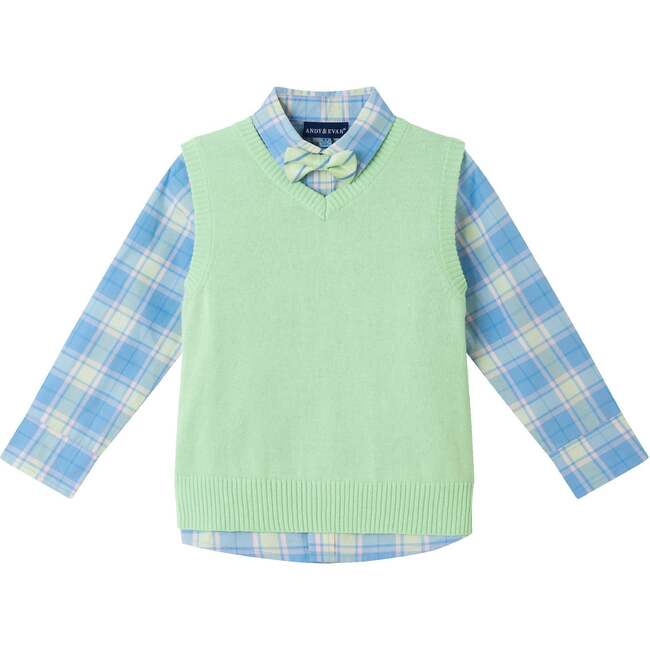 Kids Light Green Sweater Vest Plaid Buttondown Shirt, Bowtie & Chambray Pant Set, Lt Green - Mixed Apparel Set - 3