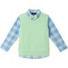 Kids Light Green Sweater Vest Plaid Buttondown Shirt, Bowtie & Chambray Pant Set, Lt Green - Mixed Apparel Set - 3