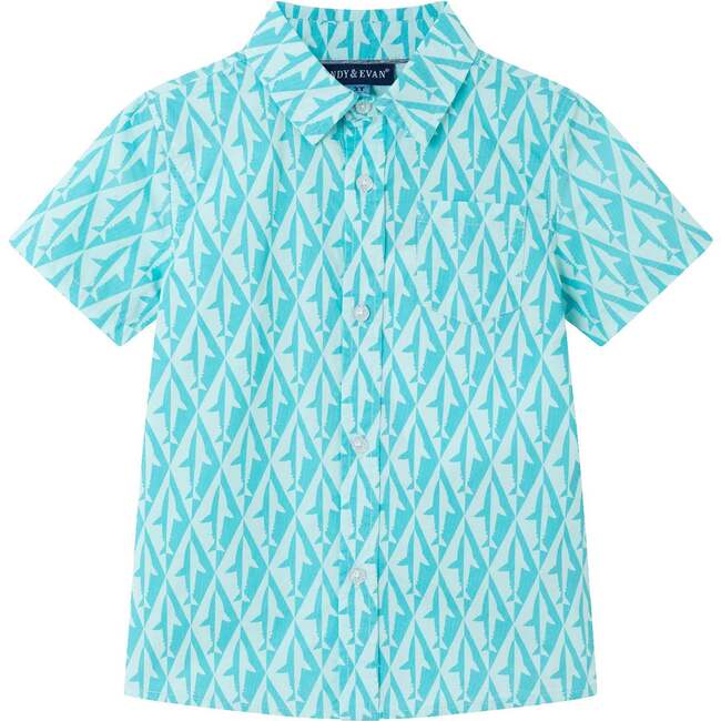Kids Geo Shark Short Sleeve Buttondown, Aqua