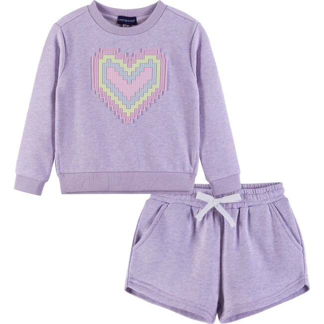 Kids French Terry Sweatshirt & Short Set w/ Heart Rubber Patch, Purple