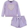 Kids French Terry Sweatshirt & Short Set w/ Heart Rubber Patch, Purple - Mixed Apparel Set - 1 - thumbnail