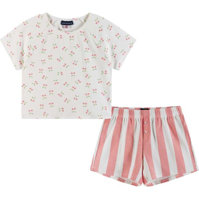 Kids Cropped Tee & High Waisted Rib Boxer Short Set, Cherry & Stripes