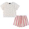 Kids Cropped Tee & High Waisted Rib Boxer Short Set, Cherry & Stripes - Mixed Apparel Set - 1 - thumbnail