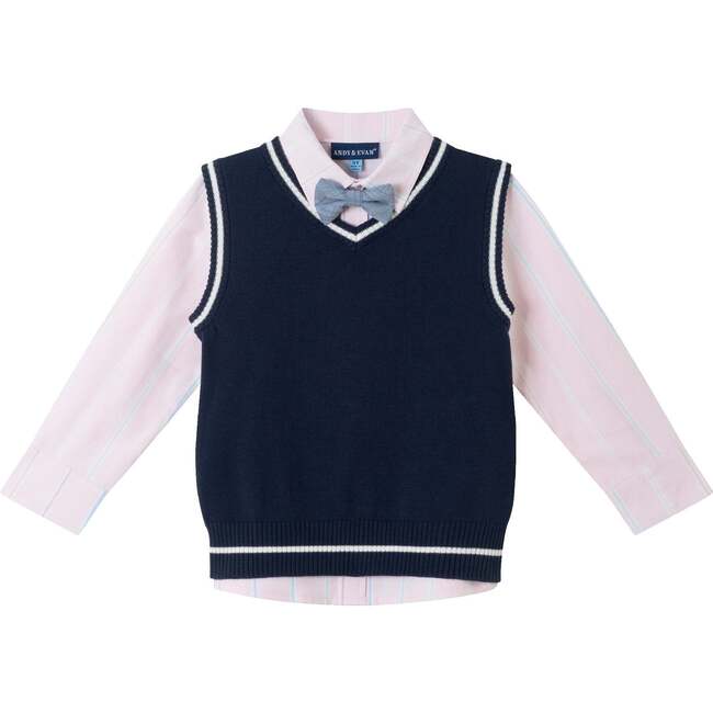 Kids Light Navy Sweater Vest Oxford Buttondown Shirt, Bowtie & Khaki Pant Set, Navy - Mixed Apparel Set - 3