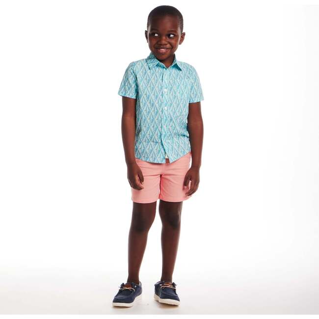 Kids Geo Shark Short Sleeve Buttondown, Aqua - Button Downs - 2