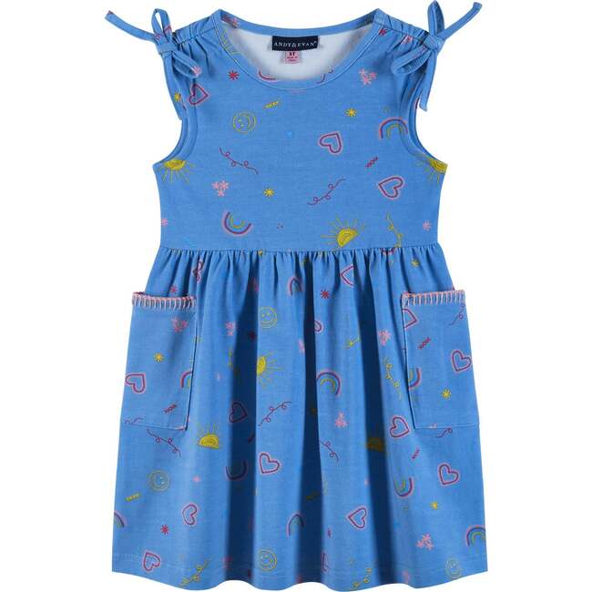Kids Blue Printed Jersey Dress, Hearts & Sunshine