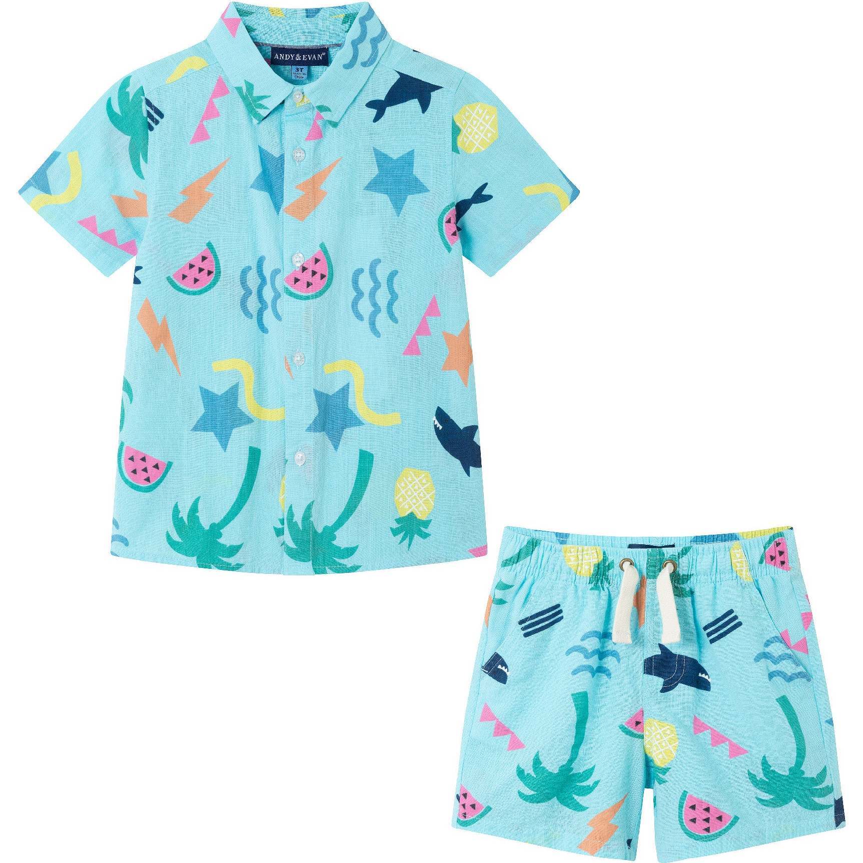 Kids 2-Piece Fun Print Matching Buttondown Set, Light Blue - Mixed Apparel Set - 1