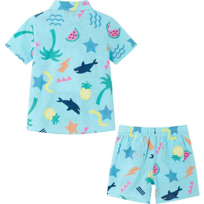 Kids 2-Piece Fun Print Matching Buttondown Set, Light Blue - Mixed Apparel Set - 2