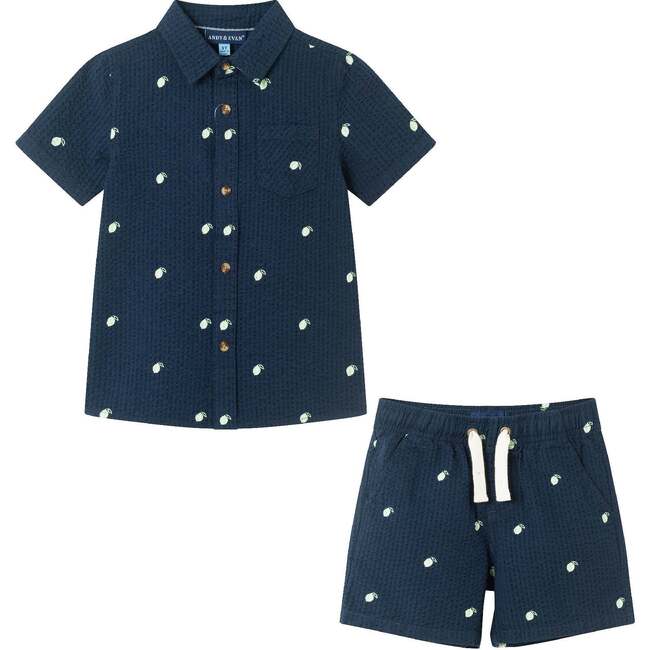 Kids  Limes Seersucker Matching Short Sleeve Buttondown & Short Set, Navy