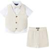 Infant Short Sleeve Buttondown Bowtie Vest Set, Beige - Mixed Apparel Set - 1 - thumbnail
