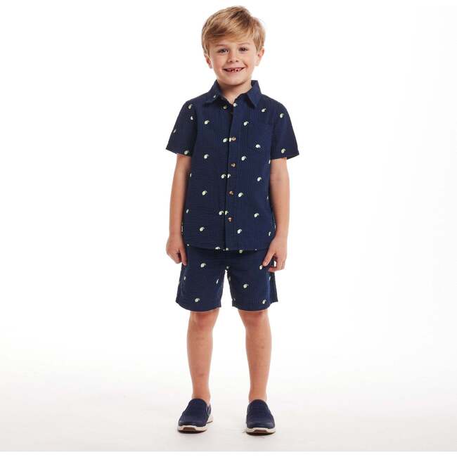 Kids  Limes Seersucker Matching Short Sleeve Buttondown & Short Set, Navy - Mixed Apparel Set - 2