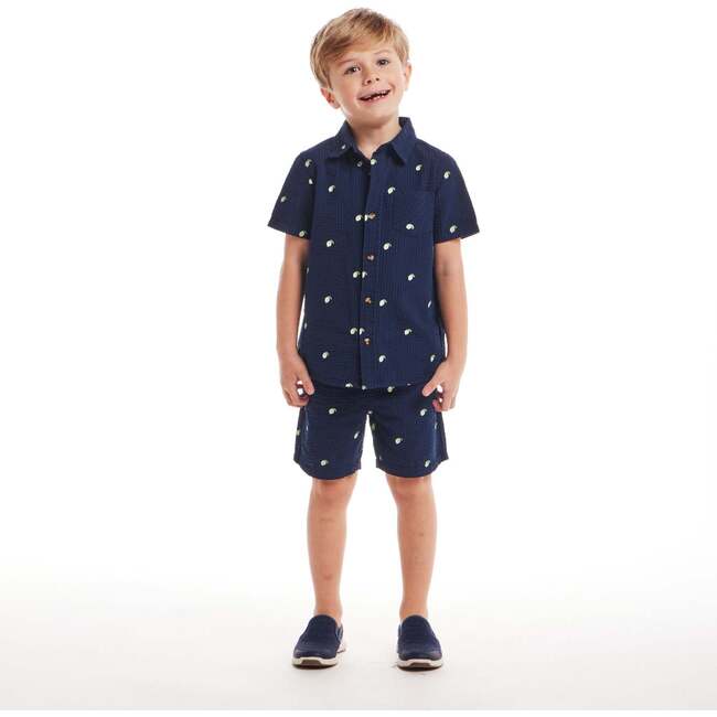 Kids  Limes Seersucker Matching Short Sleeve Buttondown & Short Set, Navy - Mixed Apparel Set - 3