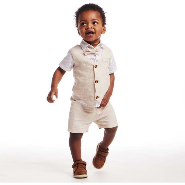 Infant Short Sleeve Buttondown Bowtie Vest Set, Beige - Mixed Apparel Set - 3