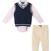 Infant Light Navy Sweeater Vest Oxford Buttondown Shirt, Bowtie & Khaki Pant Set, Navy - Mixed Apparel Set - 1 - thumbnail