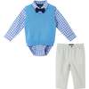 Infant Mid Blue Sweater Vest Buttondown Shirt, Bowtie & Light Grey Pant Set, Mid Blue - Mixed Apparel Set - 1 - thumbnail
