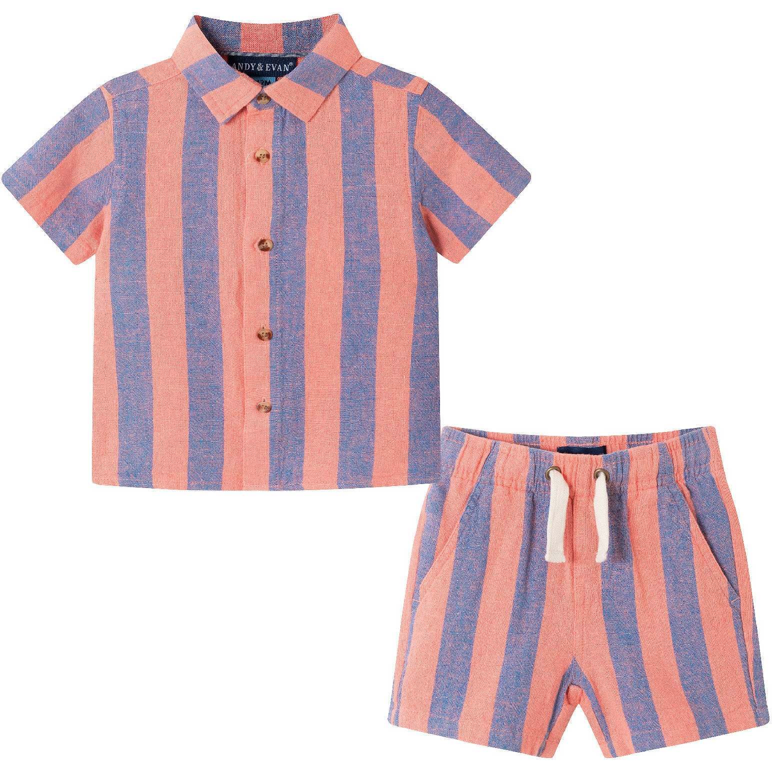 Infant Coral & Blue Striped Buttondown Set - Mixed Apparel Set - 1