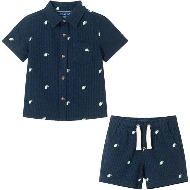 Infant Limes Seersucker Matching Short Sleeve Buttondown & Short Set, Navy