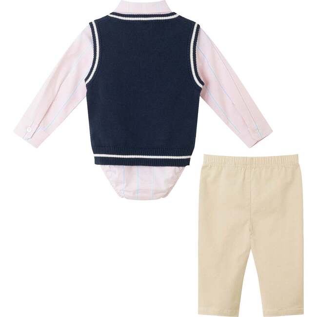 Infant Light Navy Sweeater Vest Oxford Buttondown Shirt, Bowtie & Khaki Pant Set, Navy - Mixed Apparel Set - 2