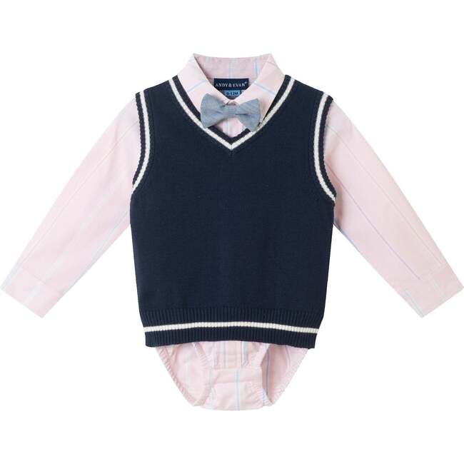 Infant Light Navy Sweeater Vest Oxford Buttondown Shirt, Bowtie & Khaki Pant Set, Navy - Mixed Apparel Set - 3