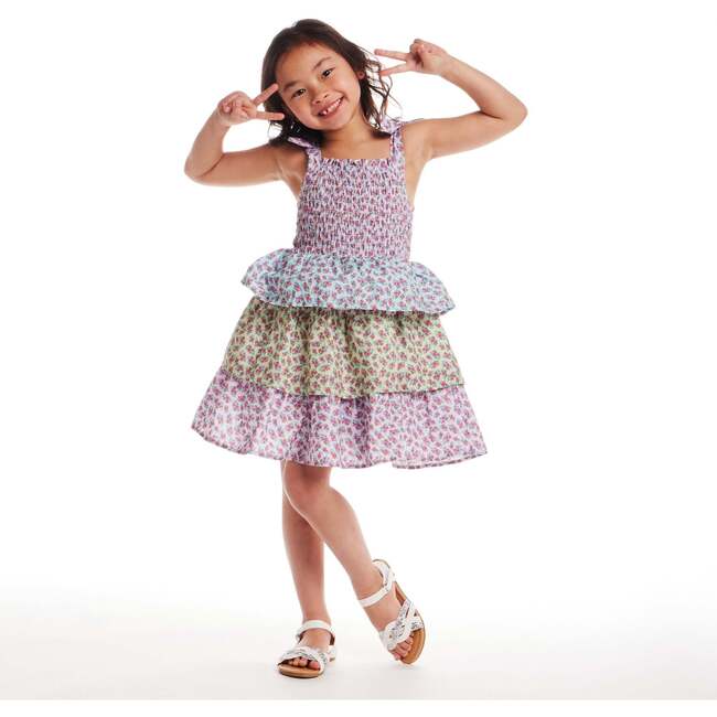 Kids Color Blocked Floral Tiered Dress, Clr Blck - Dresses - 4